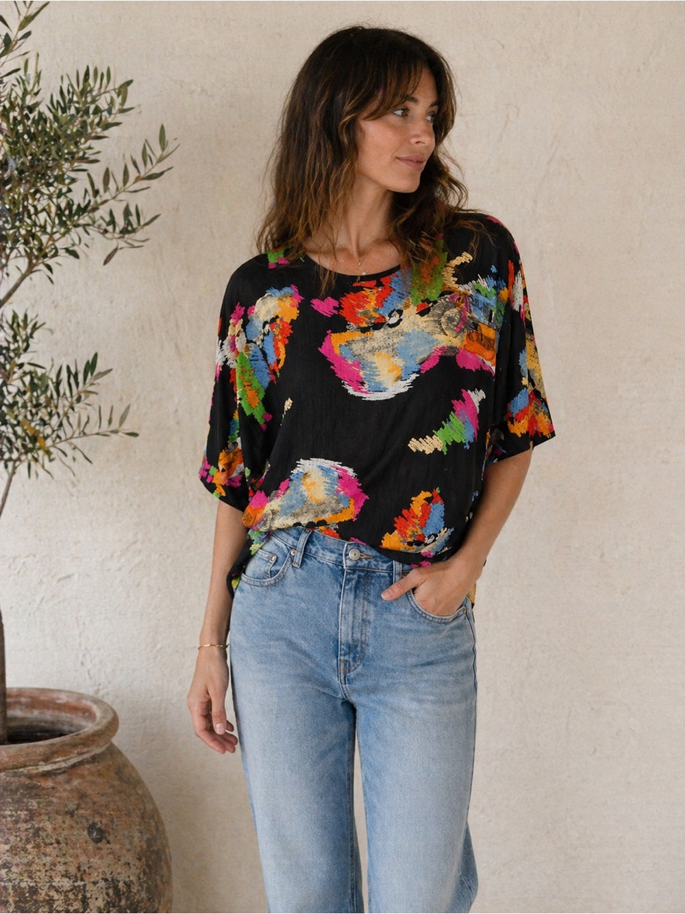 Peter Popovitch Blouse Womens XL Black Abstract Print Oversized Art Top